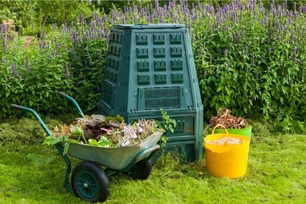 compost bin and buckets full of scraps and yard waste